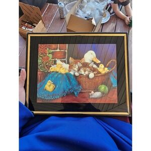 Vintage Cottagecore Framed Foil‎ Wall Art, Kittens Goose Signed Lynne Jones